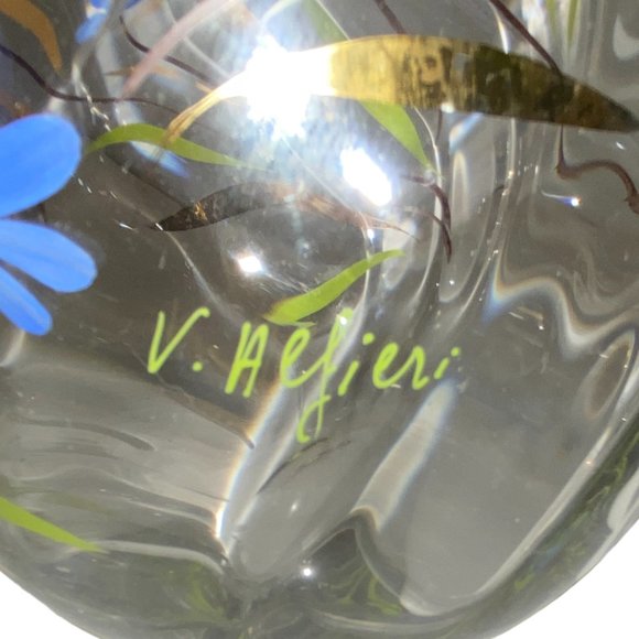 Tall Large Clear Glass Flower Vase Hand Painted Floral BLue Green Gold Signed - Picture 5 of 6